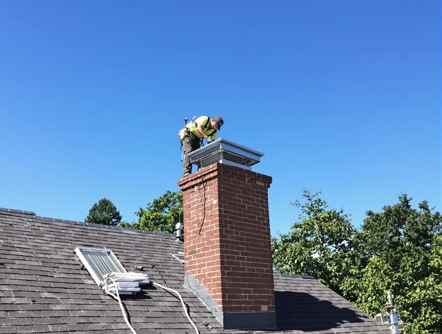Bristol Chimney Sweep technician measuring a chimney cap in Bristol, RI